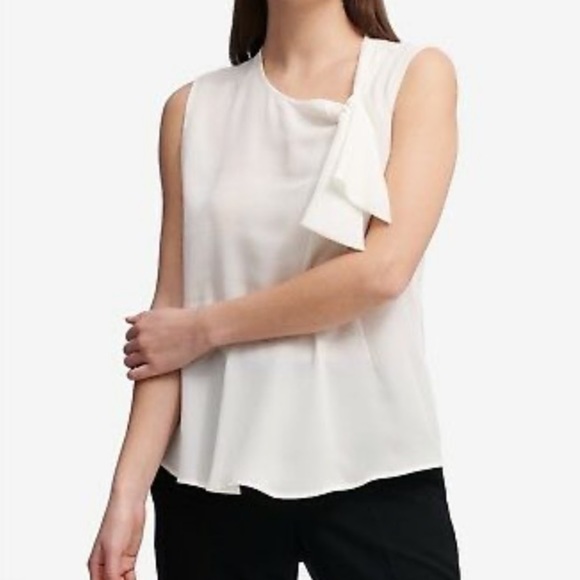 DKNY White Asymmetric Tie-Neck Blouse Sleeveless - Picture 2 of 9